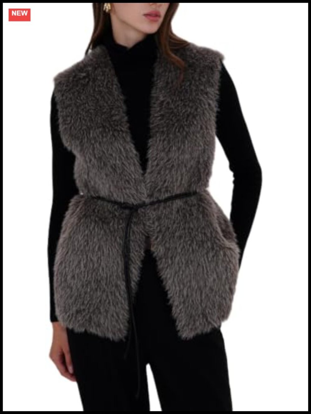 Faux Fur Vest Sleeveless Fuzzy Jacket with Belt Reversible Winter
